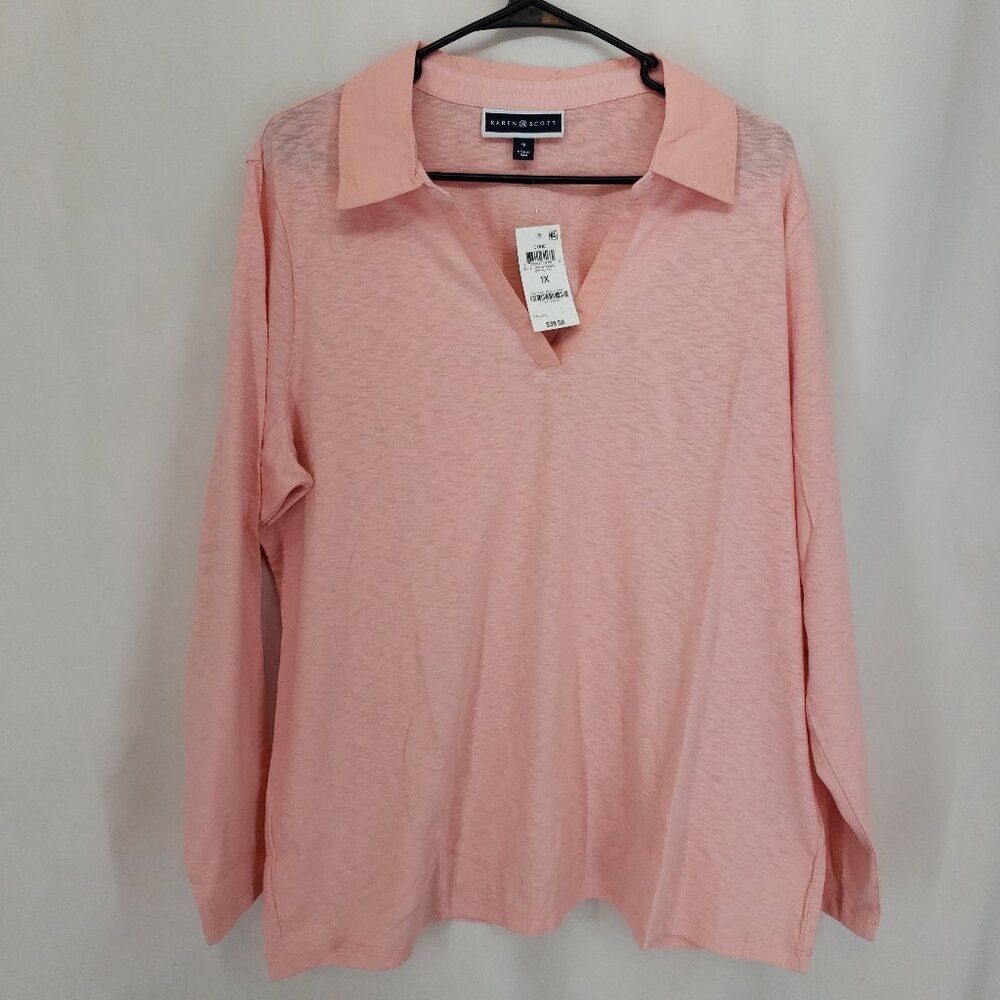 Karen Scott Plus Size 1X Coral Top Casual Everyday Long Sleeve Lightweight NWT